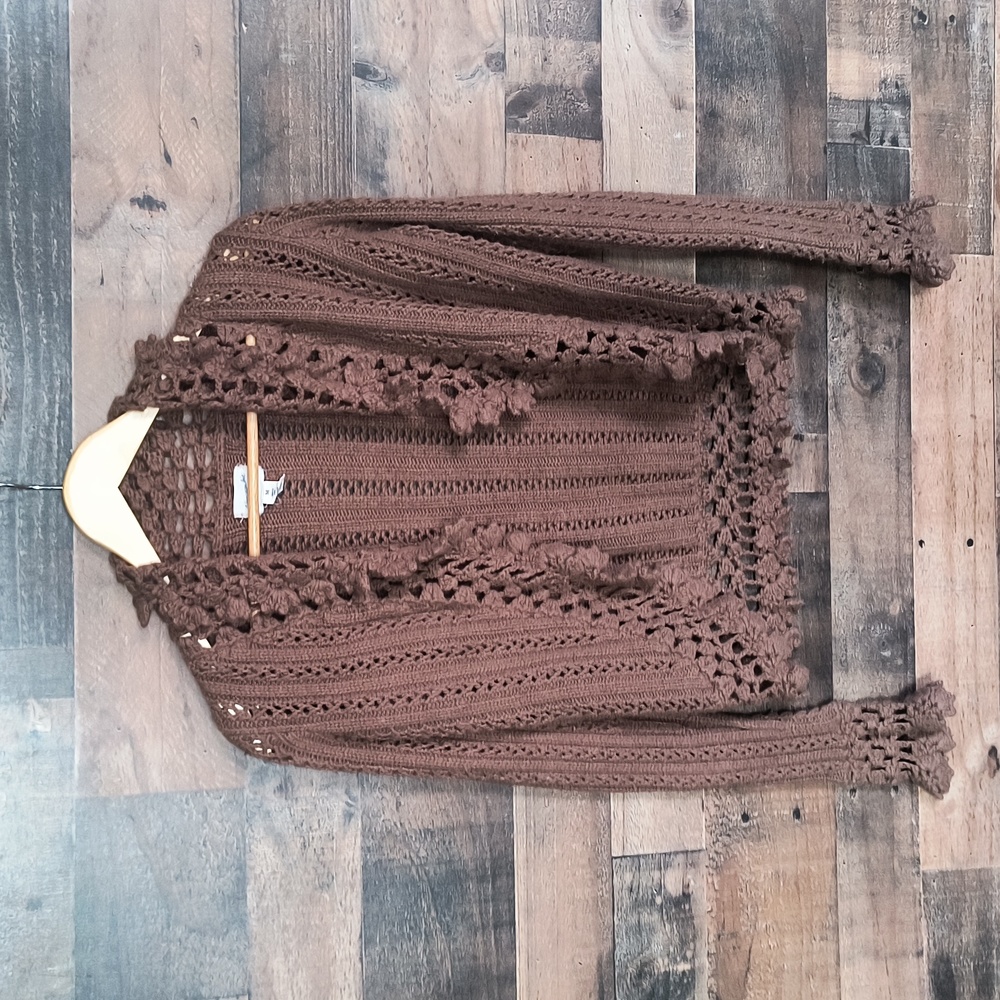 Vintage Y2K Brown Open Knit Crochet   Open Front Cardigan Sz Med Women